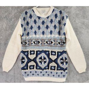 One Step Up Sweater Womens Small Blue White Fair Isle Hand Knitted Vintage Top